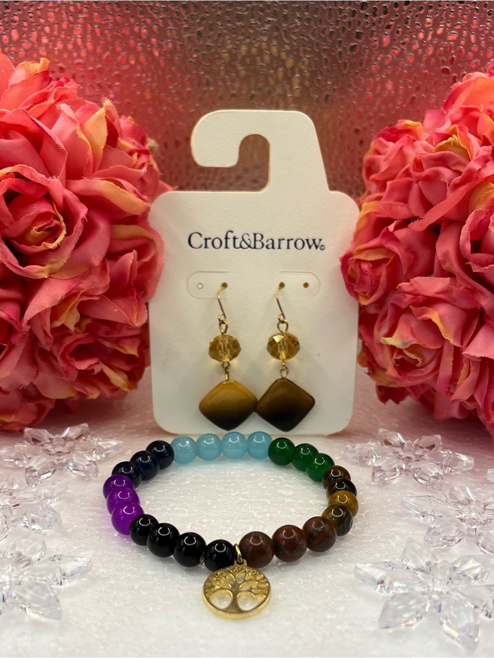 croft & barrow Gold-Tone Tiger Eye Earrings with Multicolor Chakra Bead Bracelet